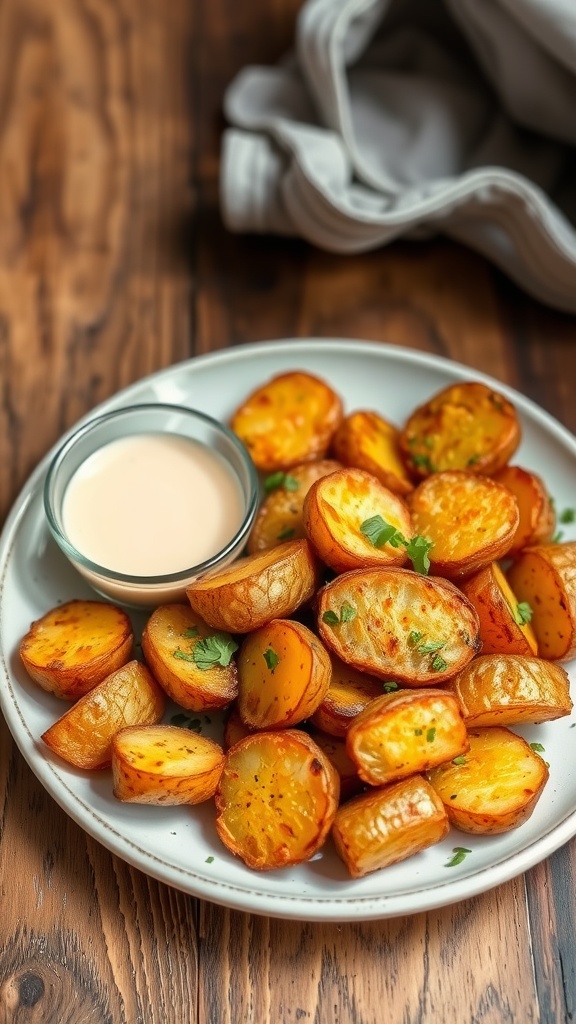 Crispy air-fried potatoes on a plate with herbs and a dipping sauce.